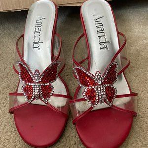 Red Slip on Heeled Sandals w/ Butterfly